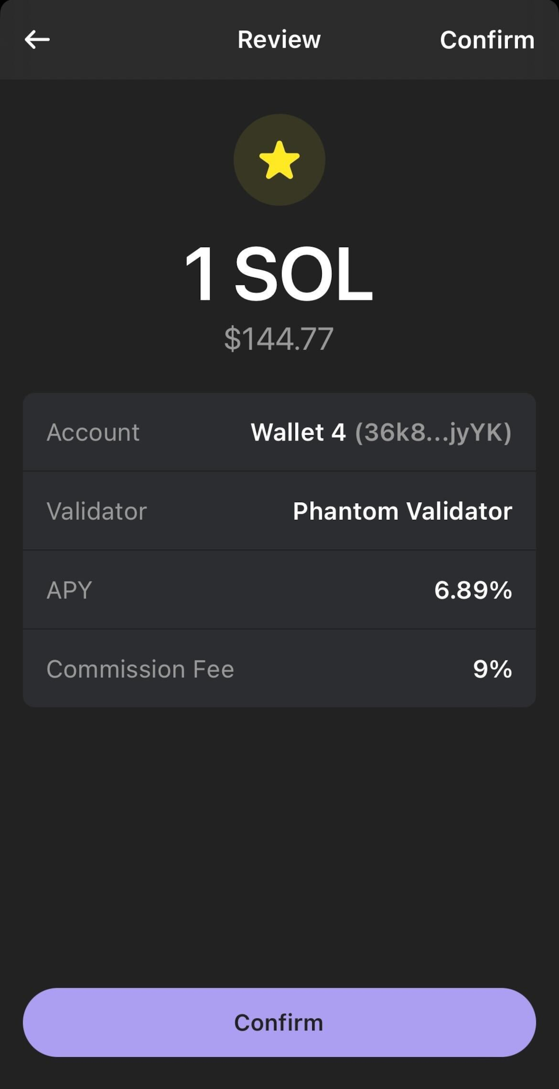 A screenshot in Phantom to confirm the stake transaction